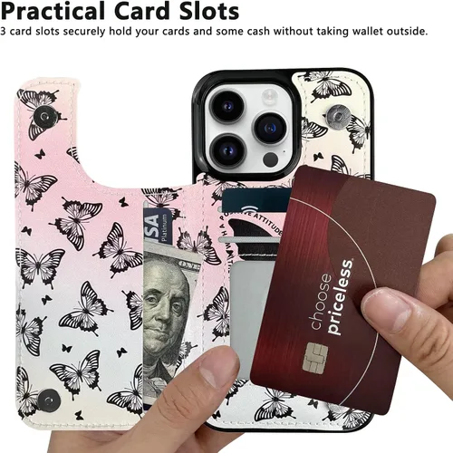 Miniatura 3 de Funda de piel con tapa para tarjetas compatible con iPhone 13 Pro de 6.1 pulgadas, para mujeres y niñas con tarjetero con función atril, doble