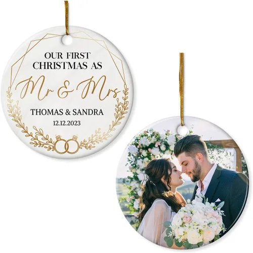Miniatura 12 de Adorno personalizado de primera Navidad para casados, adornos de cerámica de Navidad con foto foto boda matrimonio nombre personalizado recuerdo 1ª