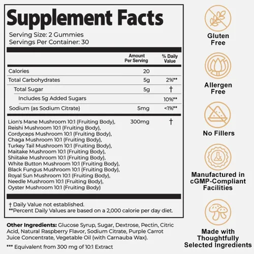 Miniatura 3 de Auri Nutrition Super Mushroom Daily Gummies – Gomitas funcionales todo en uno con 12 mezclas de hongos, incluyendo melena de león, reishi, chaga