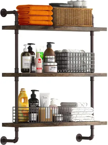 Miniatura 10 de Helsin - Estantes flotantes de tubería industrial de 2 niveles para baño, estante de madera rústica de 16 pulgadas montado en la pared, estante
