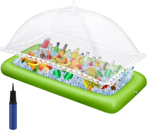 Miniatura 13 de Leitee Kit de barra inflable de 3 piezas, incluye bandeja de buffet de ensalada con tapón de drenaje, cubierta de malla, recipientes de bebidas