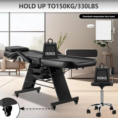 Miniatura 3 de Silla de tatuaje para cliente, silla facial con ruedas, cama de tatuaje ajustable de 73 pulgadas para mesa de masaje de artista, con taburete, cama