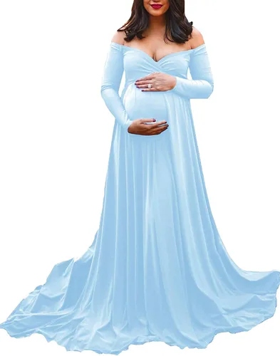 Saslax - Vestido de noche de maternidad con hombros descubiertos, corte de medio círculo, para baby shower, fotos