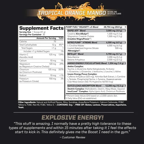 Miniatura 5 de PMD Sports Ultra Pump Fuel Insanity - Pre entrenamiento - Mango naranja tropical (30 porciones) Sports CG5 Premium Creatina y L-Glutamina en polvo