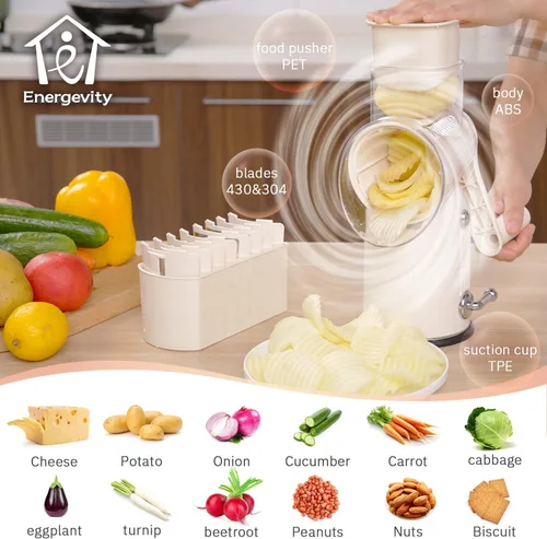 Miniatura 4 de ENERGEVITY Rallador de queso giratorio manual con asa, triturador de queso de cuchillas inoxidables reemplazables 5 en 1, base de succión fuerte