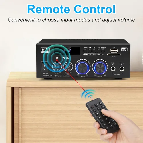 Miniatura 6 de Romica Amplificador de audio estéreo, 2 canales 450W+450W Bluetooth 5.0 amplificador de potencia de cine en casa con radio FM, USB, SD, entradas