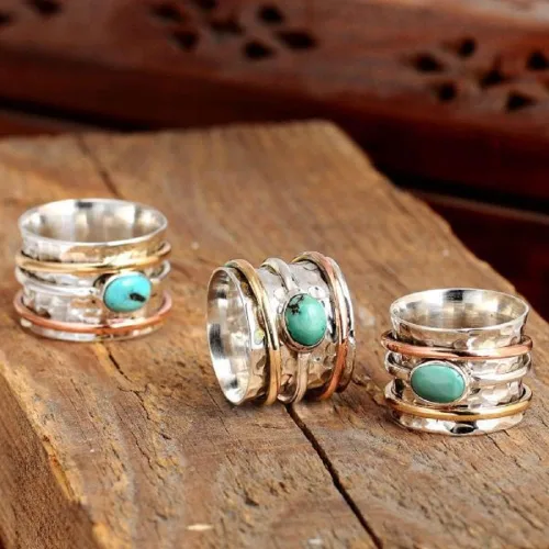 Miniatura 3 de Anillo giratorio turquesa de banda ancha para mujeres y niñas, anillo de múltiples capas antiestrés y bohemio, anillo envolvente de línea plateada