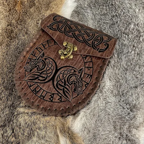 Miniatura 4 de HiiFeuer Cinturón nórdico en relieve, bolsillo lateral de piel sintética medieval retro, bolso de cintura portátil vintage para LARP Ren Faire
