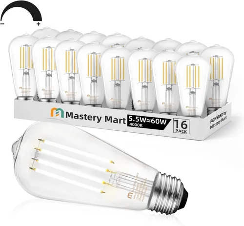 MASTERY MART Paquete de 16 bombillas Edison vintage, bombilla LED E26 de 5.5 W equivalente a 60 W, regulable, blanco frío de 4000 K, ST19 antiguo de