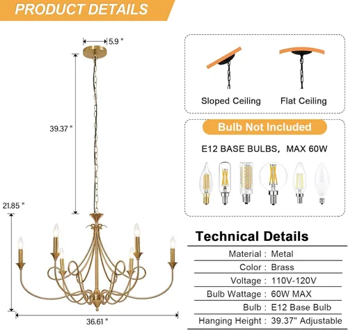 Miniatura 3 de Candelabro Moderno de 6 Luces 36.6" Candelabros de Vela de Latón Lámpara Colgante de Metal Dorado para Comedor, Sala de Estar, Isla de Cocina