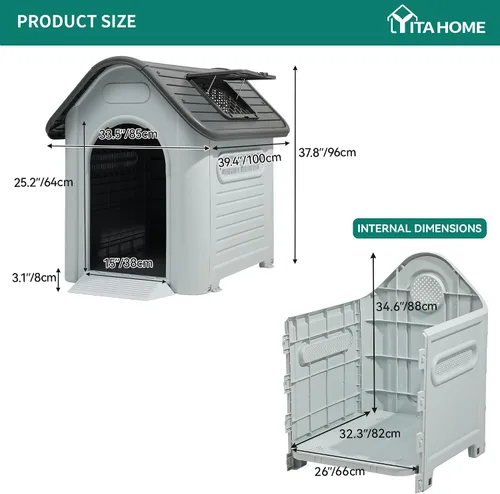 Miniatura 3 de YITAHOME Casa para perros de plástico para exteriores, resistente al agua, con tragaluz ajustable y base elevada para perros pequeños, medianos