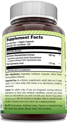 Miniatura 2 de Amazing India Gymnema 500 mg Suplemento de cápsulas vegetales Sin OMG Sin gluten Fabricado en Estados Unidos (1 paquete 120 unidades)