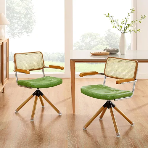 Miniatura 8 de Zouron Silla de escritorio moderna de mediados de siglo, silla de oficina de piel sintética sin ruedas, sillón giratorio con respaldo de ratán
