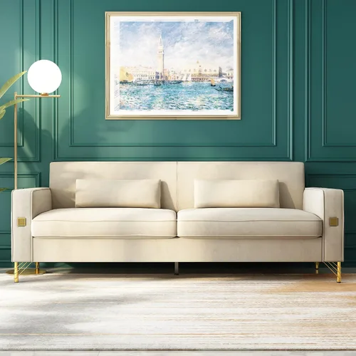 Miniatura 7 de Sofá Chesterfield de terciopelo de 85 pulgadas, moderno de mediados de siglo, cómodo sofá con almohadas para sala de estar, dormitorio, muebles