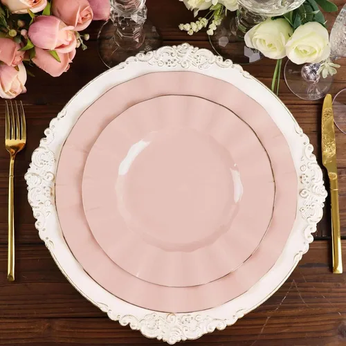 Miniatura 163 de Tableclothsfactory Paquete de 10 platos redondos de plástico negro de 6 pulgadas para ensalada de postre, platos desechables con borde ondulado