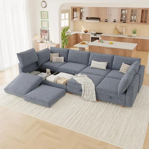 Miniatura 11 de 95.5" Sofá seccional modular de chenilla con almacenamiento oculto, sofá cama convertible en forma de L y U, sofá seccional moderno de 6 plazas