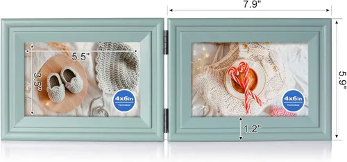 Miniatura 2 de Marco de fotos plegable de 4 x 6 pulgadas con bisagras horizontales en madera de pino azul verdoso con vidrio real para mesa X2-LAN-2H46