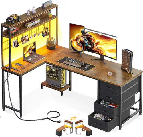 Miniatura 17 de AODK Escritorio en forma de L para juegos con luz LED y toma de corriente, mesa de computadora reversible en forma de L de 53 pulgadas con estante