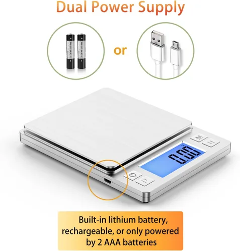 Miniatura 5 de BOMATA 0.01g Báscula digital de gramos pequeña, USB recargable, báscula de joyería mejorada de 1kg con pantalla más grande y función de retención