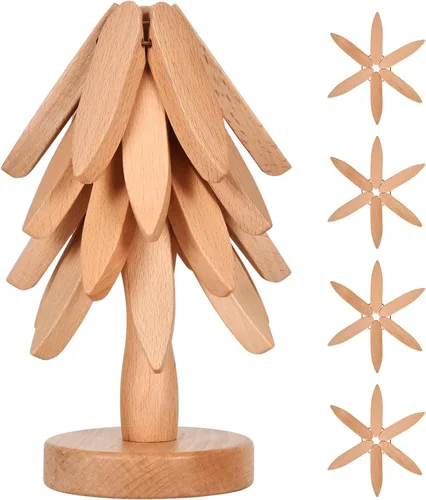 Miniatura 8 de Juego de Posavasos de Copa de Madera, Juego de Salvamanteles en Forma de Árbol, Posavasos de Árbol - 4 Salvamanteles de Madera + 1 Soporte