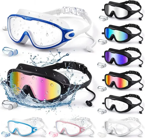 Miniatura 8 de Kanayu 10 gafas de natación para adultos con tapones para los oídos, clip para la nariz, visión amplia, sin fugas, antiniebla, para adultos, hombres