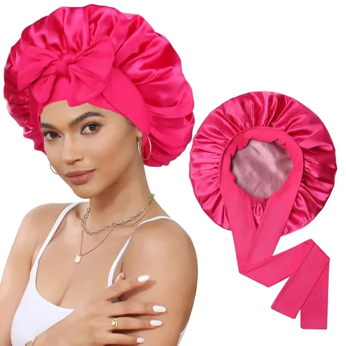 Miniatura 21 de Gorro de satén de seda para dormir, gorro de seda de doble capa con banda elástica para cabello rizado Negro+marrón