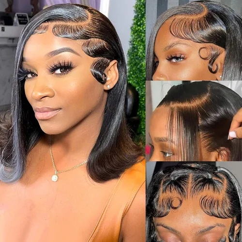 Miniatura 16 de Peluca Bob de Cabello Humano 13x4 Encaje Frontal HD Pelucas Bob de Encaje Frontal Cortas y Rectas para Mujeres Negras Cabello Humano Pre-Desplumado