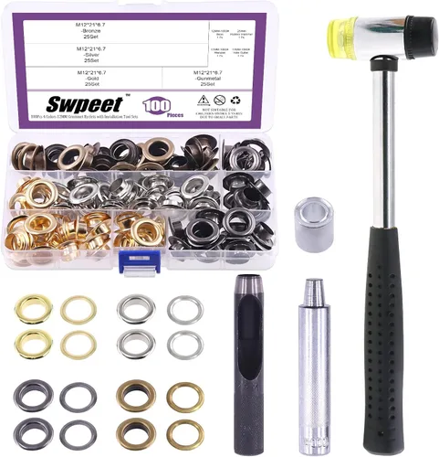Swpeet 204 piezas – 100 juegos de ojales de agujero de 1/2 pulgada (0.472 in) gruesos de 4 colores ojales de metal ojales y 3 piezas de herramienta