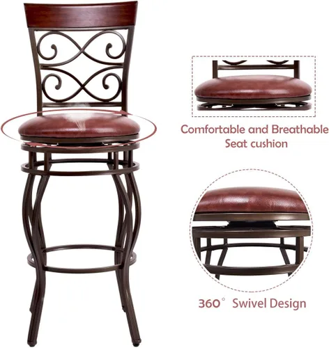 Miniatura 4 de GLACER Juego de 2 taburetes de bar, estilo retro, de altura de barra giratoria de 360 grados con asiento acolchado de cuero, cómoda silla de metal