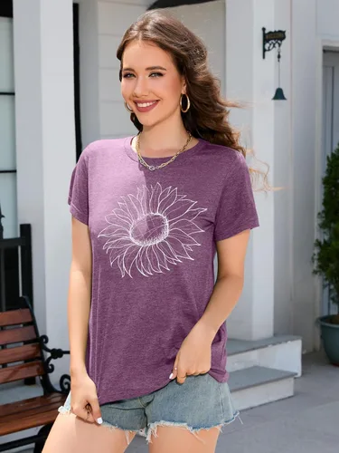 Miniatura 2 de DEARCASE Camiseta de otoño para mujer, diseño de girasol, holgada, cuello redondo, manga corta, informal, para mujer