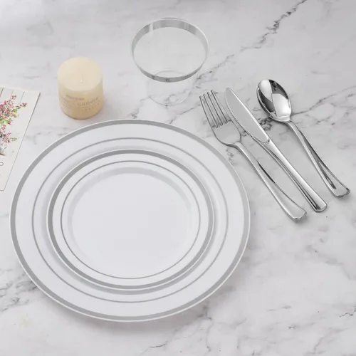 Miniatura 5 de BESTVIP Juego de vajilla plateada de 600 piezas para 100 invitados, platos de plástico para fiestas, 100 platos desechables plateados, 100 platos