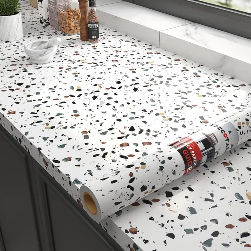 Decotalk Papel de Contacto de Terrazo para Encimeras Impermeable Papel Tapiz de Terrazo para Despegar y Pegar Papel de Contacto para Encimera Papel