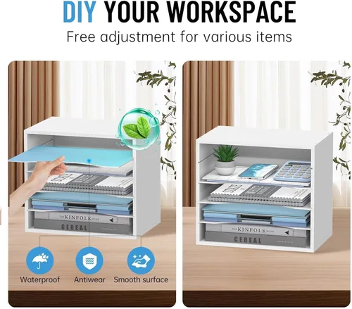 Miniatura 4 de Organizador de escritorio de madera de 5 niveles, organizador de bandeja de papel para escritorio con estantes de almacenamiento ajustables, Blanco