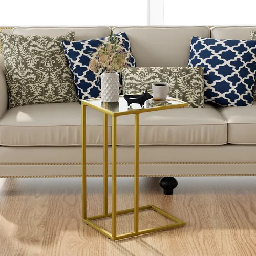 Miniatura 6 de Mesa auxiliar en forma de C, mesa auxiliar para sofá, mesa de refrigerio con vidrio templado y marco de metal, pequeña mesa de bandeja de TV
