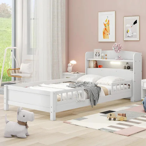 Miniatura 11 de Cama de plataforma de tamaño individual con cabecera de almacenamiento y luz LED integrada, base de cama de plataforma de madera con barandilla