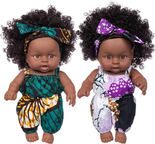 Ecore Fun 2 muñecas africanas negras de 8 pulgadas, lavables y realistas, de silicona, con ropa y diadema