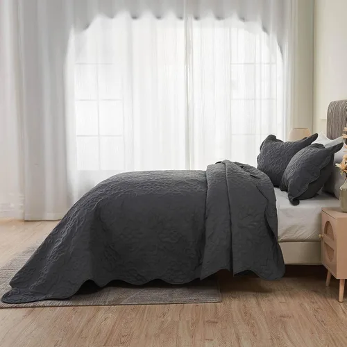 Miniatura 4 de Kingnex Juego de colcha tamaño King de 106 x 96 pulgadas, suave, ligera, acolchada, 3 piezas, 1 edredón y 2 fundas de almohada, color gris oscuro