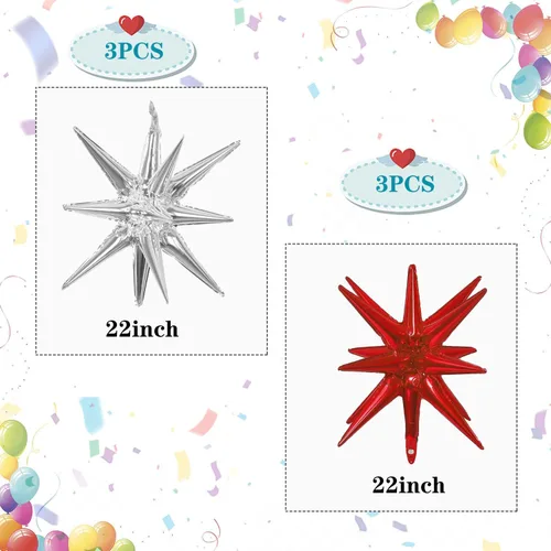 Miniatura 2 de 6 globos de papel de aluminio con forma de estrella plateada de una sola pieza, globo de estrella de 14 puntas 4D, cono de estrella en explosión