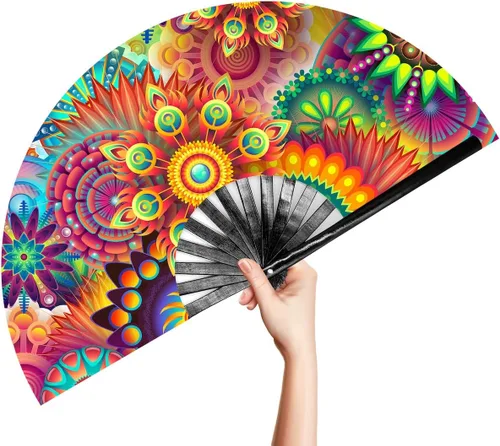 Miniatura 21 de OMyTea Ventilador de mano plegable grande Rave Clack para hombres y mujeres, ventilador de mano de bambú chino japonés - para EDM, festival de Aurora