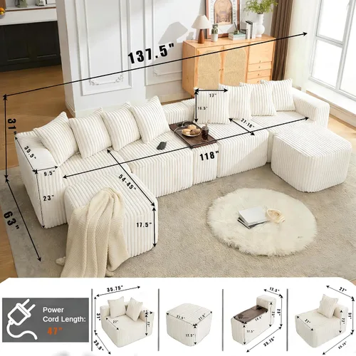 Miniatura 3 de Sofá seccional de 137.5 pulgadas, sofás modulares sin hueso para sala de estar, cómodo sofá de pana de felpa de asiento profundo, moderno sofá