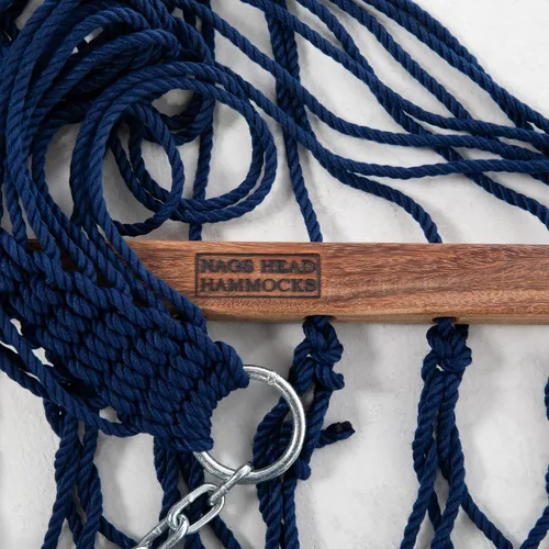 Miniatura 5 de Nags Head Hammocks First Mate - Hamaca de cuerda DuraCord azul marino, 12 pies x 50 pulgadas, capacidad de 450 libras, barra esparcidora Cumaru