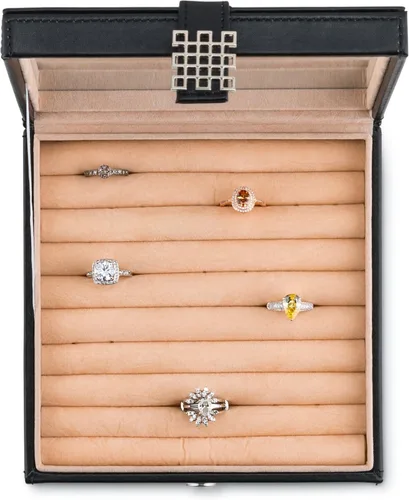 Miniatura 3 de Glenor Co Organizador de caja de anillos Soporte de joyería clásico de 54 ranuras Bandeja de almacenamiento con cierre de hebilla moderno, espejo