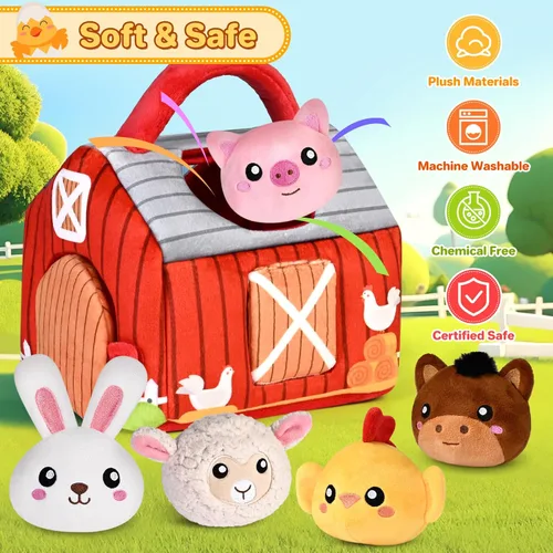 Miniatura 6 de Juguetes para bebés de 0-6 6-12 meses, granero rojo grande de felpa con animales de granja, juguetes sensoriales suaves con crujido, sonajeros