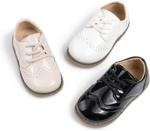 Miniatura 14 de KIDSUN Zapatos de vestir para niño y niña, cómodos zapatos Oxford con cordones para uniforme escolar, mocasines planos (bebé/niño pequeño) E-negro