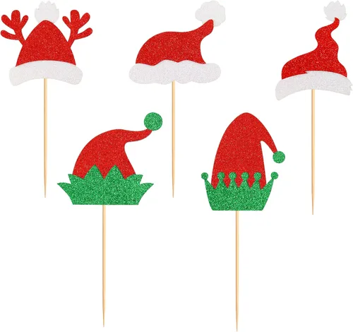 Miniatura 7 de Ercadio Paquete de 25 adornos para cupcakes de Papá Noel y elfo - Sombreros de Papá Noel con purpurina, sombreros de elfo, palillos para cupcakes