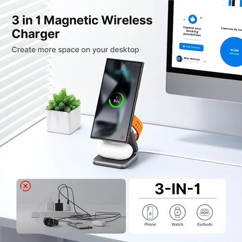 Miniatura 2 de KU XIU Cargador inalámbrico para Samsung, estación de carga inalámbrica plegable de aleación de zinc 3 en 1 para Samsung Galaxy S25 Ultra S24 S23