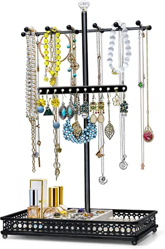 Meangood Organizador de soporte para árbol de joyería, organizador de collares 3 en 1, exhibición de pulseras, aretes y bandeja para anillos,
