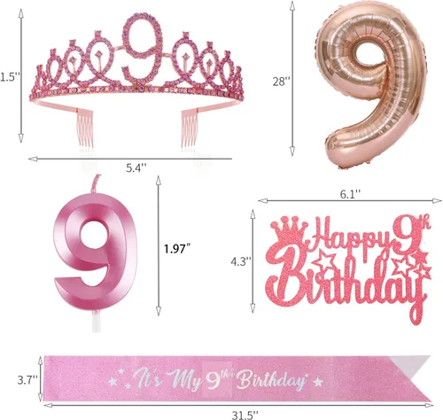 Miniatura 2 de Decoración de 9º cumpleaños para niña, banda, corona de diamantes de imitación, decoración de pastel, globo de aluminio, suministros de fiesta (rosa)