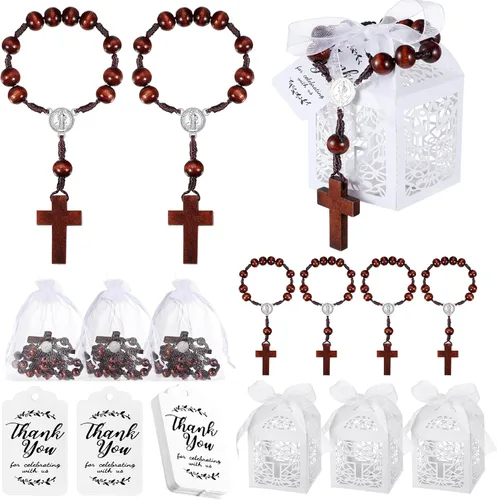 Liliful Juego de 100 rosarios de bautismo, incluye 25 mini rosarios de madera, 25 cajas de regalo de bautismo, 25 bolsas de organza y 25 etiquetas