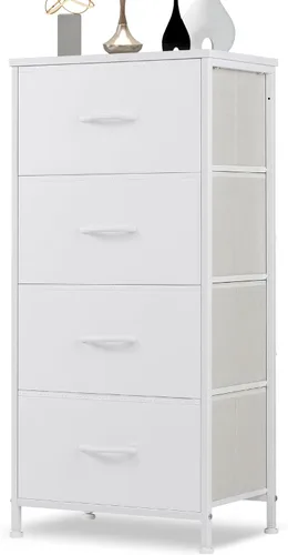 Miniatura 18 de DUMOS Cómoda para dormitorio, organizador de almacenamiento con 9 cajones, cómoda con cubos de tela, marco de metal resistente, mesa de madera